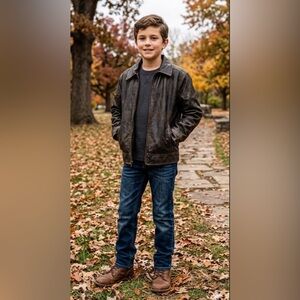 Vintage Class Club Boys Premium Brown Leather Bomber Jacket Size 12/14